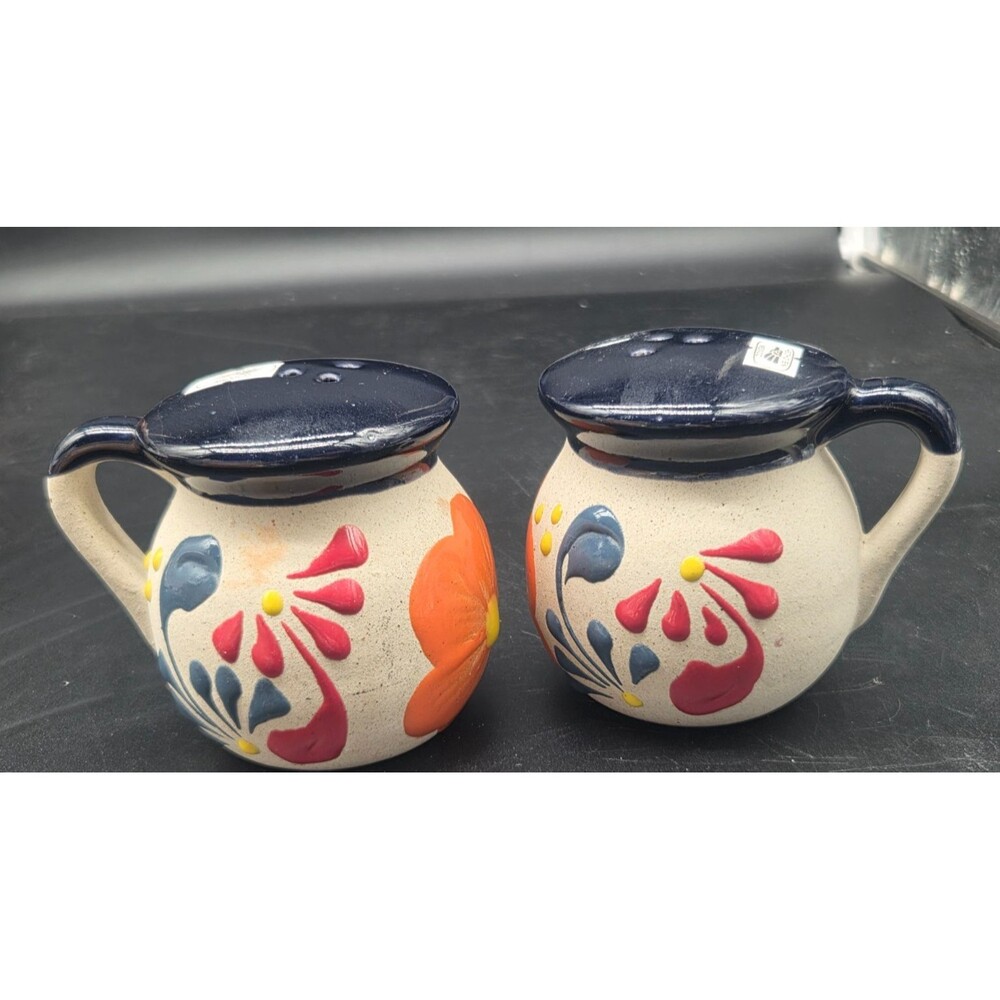 Stoneware Salt Pepper Shakers Made in Mexico Slip Decorated Colorful